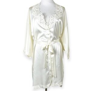 Vintage California Peignoir Satin Robe Ivory Sequins Faux Pearls Small